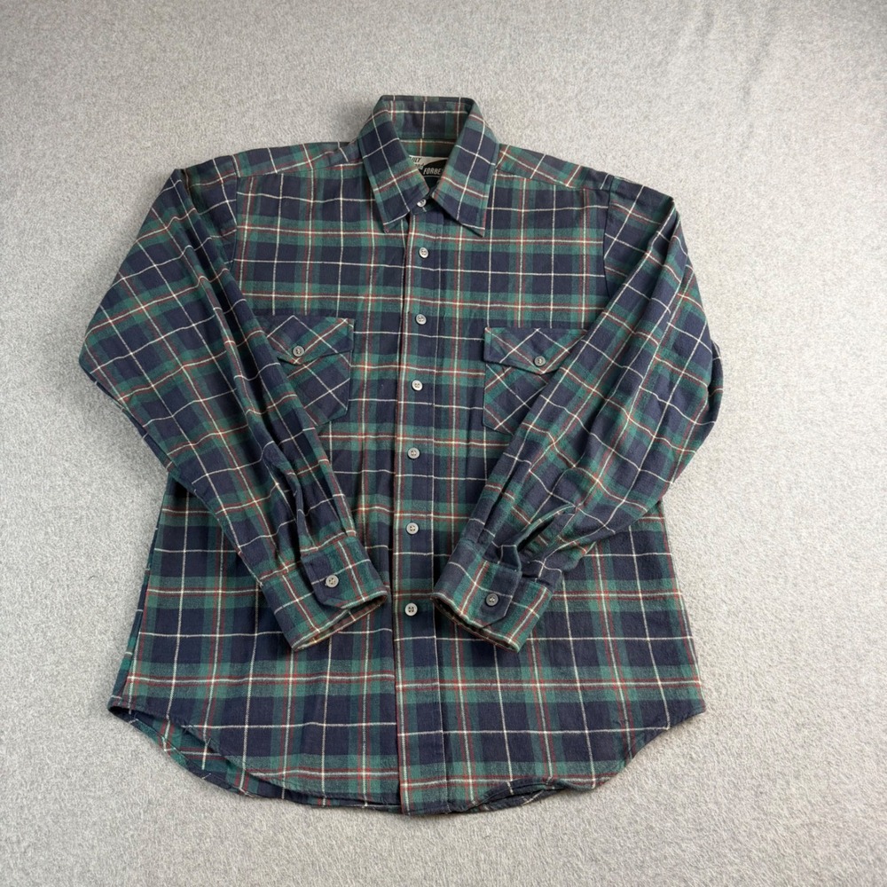 Vintage Pauly & Forbes Mens S Green Navy Blue Plaid Flannel Button Down Shirt